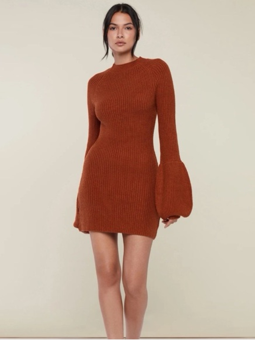 Rachel Parcell Ribbed Mock Neck Sweater Mini Dress Balloon Sleeve Rust Ginger S